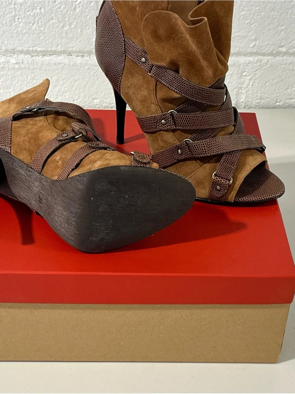 Women's Brown Suede Strappy High Heel Ankle Boots
